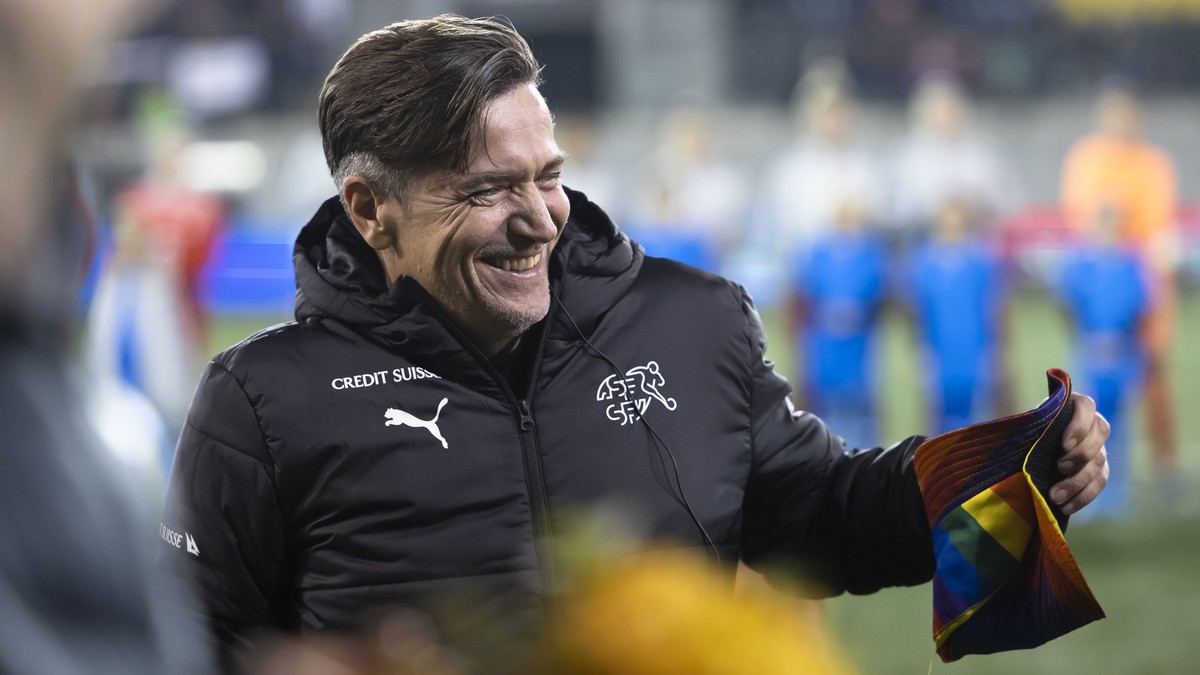 Switzerland's Danish head coach Nils Nielsen looks on prior his last game with the Swiss team, a women's international friendly soccer match between Switzerland and Denmark at the Wefox stad ...