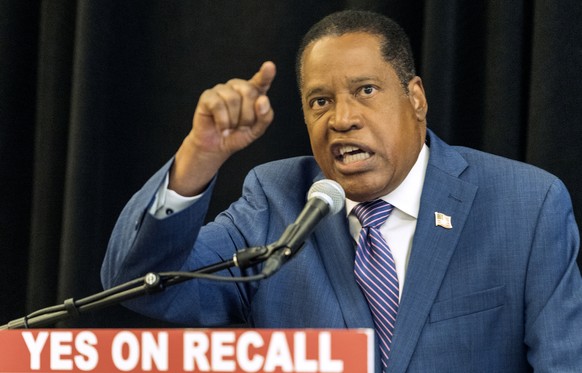 Republican conservative radio show host Larry Elder comments on the media coverage of his campaign at a news conference at the Luxe Hotel Sunset Boulevard in Los Angeles Sunday, Sept. 12, 2021. Elder  ...