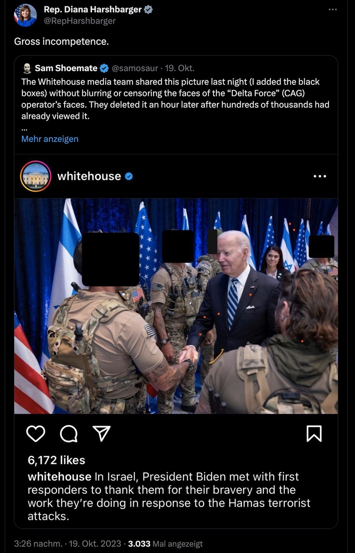 Auf Instagram veröffentlichte die US-Regierung ein Foto, auf dem Sondereinsatzkräfte zu sehen sind, die zurzeit in Israel an der Befreiung von Hamas-Geiseln arbeiten.