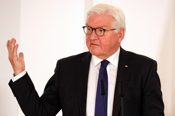 epa09252822 German Federal President Frank-Walter Steinmeier speaks during the Federal Order of Merit ceremony at Bellevue Palace in Berlin, Germany, 07 June. The Order is awarded to citizens who have ...