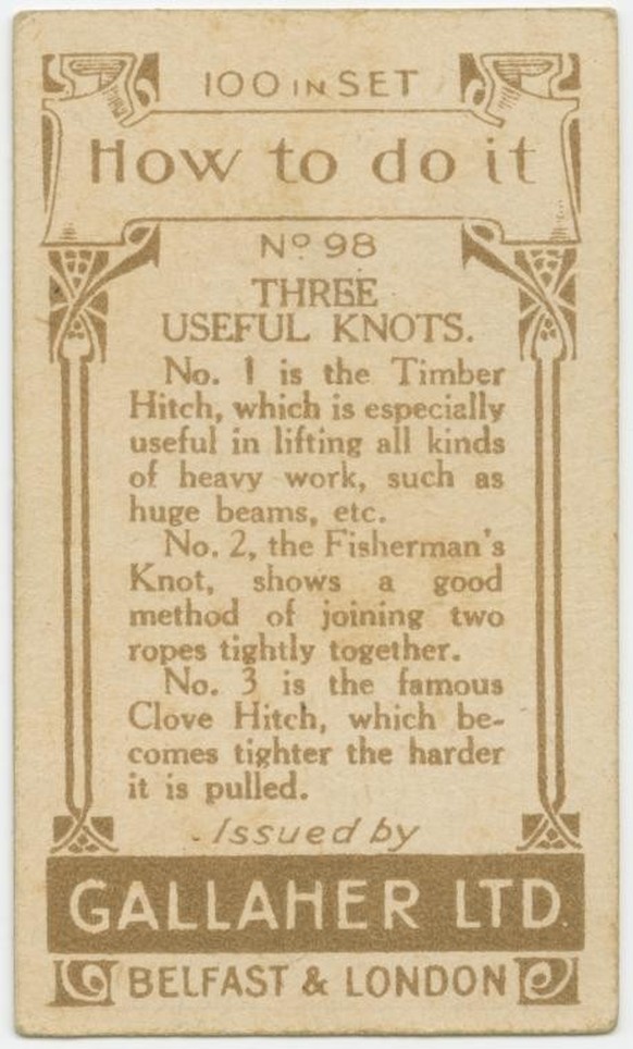 Gallaher-Lifehacks: Drei nützliche Knoten
https://digitalcollections.nypl.org/items/510d47e4-7adc-a3d9-e040-e00a18064a99