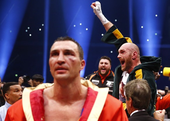 Boxing - Wladimir Klitschko v Tyson Fury WBA, IBF &amp; WBO Heavyweight Title&#039;s - Esprit Arena, Dusseldorf, Germany - 28/11/15
Tyson Fury celebrates after being declared the winner of the fight  ...