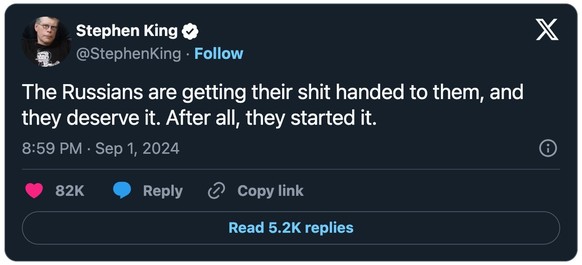 Tweet von Stephen King zu Putins Russland und dem Ukraine-Krieg.