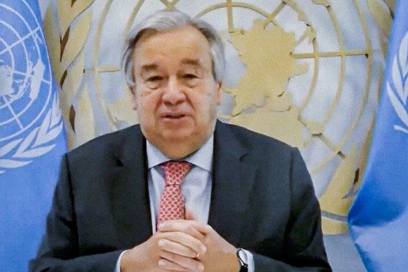 In this photo provided by the United Nations, U.N. Secretary-General Antonio Guterres, delivers opening remarks to the high-level virtual panel entitled &quot;Participation, Human Rights and the Governance Challenge Ahead,&quot; Friday, Sept. 25, 2020, at U.N. headquarters in New York. (Manuel Elias/United Nations via AP)