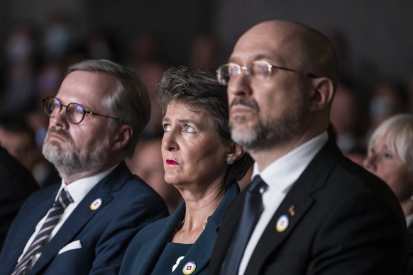 Ukrainian Prime Minister Denys Shmyhal, Swiss Federal Councillor Simonetta Sommaruga, Minister of Infrastructure, Transport, Environment and Energy and Petr Fiala, Prime Minister of the Czech Republic ...