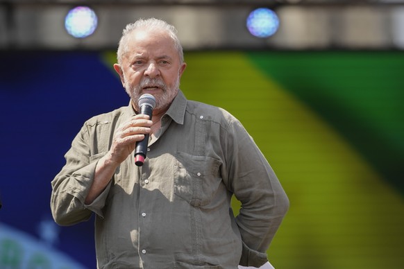 Brazil&#039;s former President Luiz Inacio Lula da Silva, who is running for reelection, speaks during a campaign rally in Taboao da Serra, on the outskirts of Sao Paulo, Brazil, Saturday, Sept. 10, 2 ...