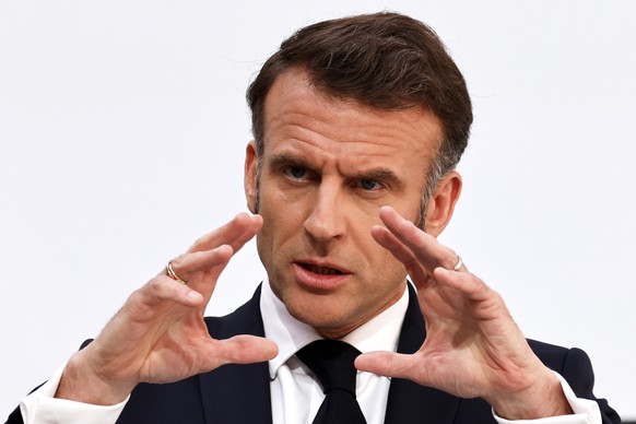 French President Emmanuel Macron delivers a speech after the so-called Coalition of the willing summit at the Elysee Palace, Thursday, March 27, 2025 in Paris. (Ludovic Marin, Pool via AP)
France Ukra ...