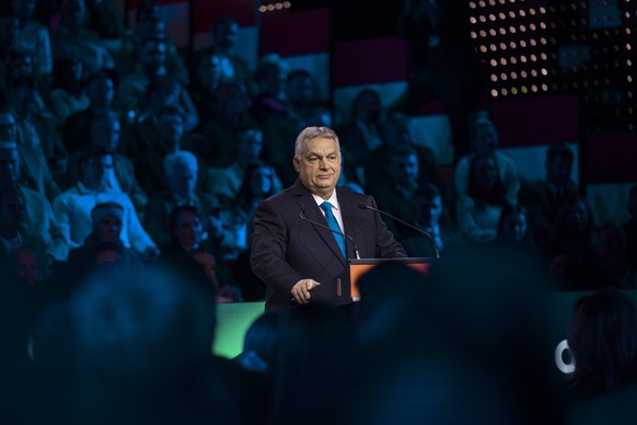 epa12737777 A handout photo made available by the Hungarian PM's Press Office shows Hungarian Prime Minister and leader of the ruling Fidesz party Viktor Orban delivers his annual State of the Na ...