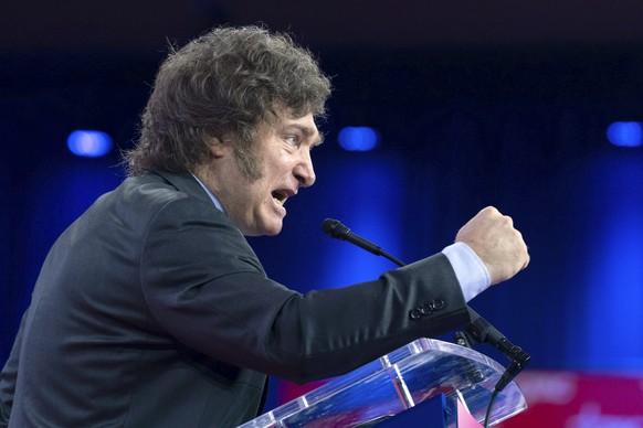 FILE - Argentina&#039;s President Javier Milei speaks during the Conservative Political Action Conference, CPAC 2024, at the National Harbor, in Oxon Hill, Md., Feb. 24, 2024. (AP Photo/Jose Luis Maga ...