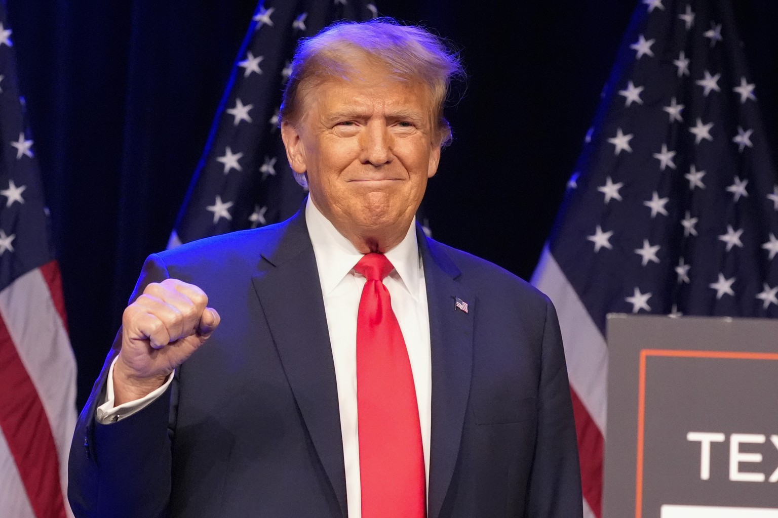 Republican presidential candidate former President Donald Trump arrives to speak at a caucus night rally in Las Vegas, Thursday, Feb. 8, 2024. (AP Photo/Alex Brandon)
Donald Trump