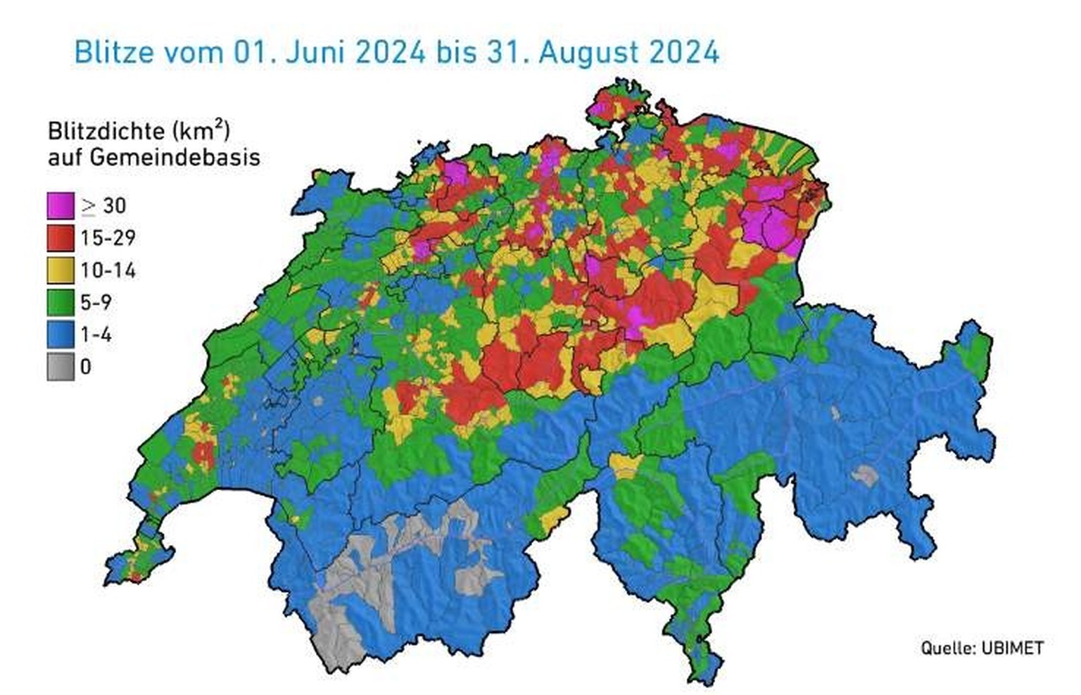 Die Blitzdichte der Schweiz im Sommer 2024.