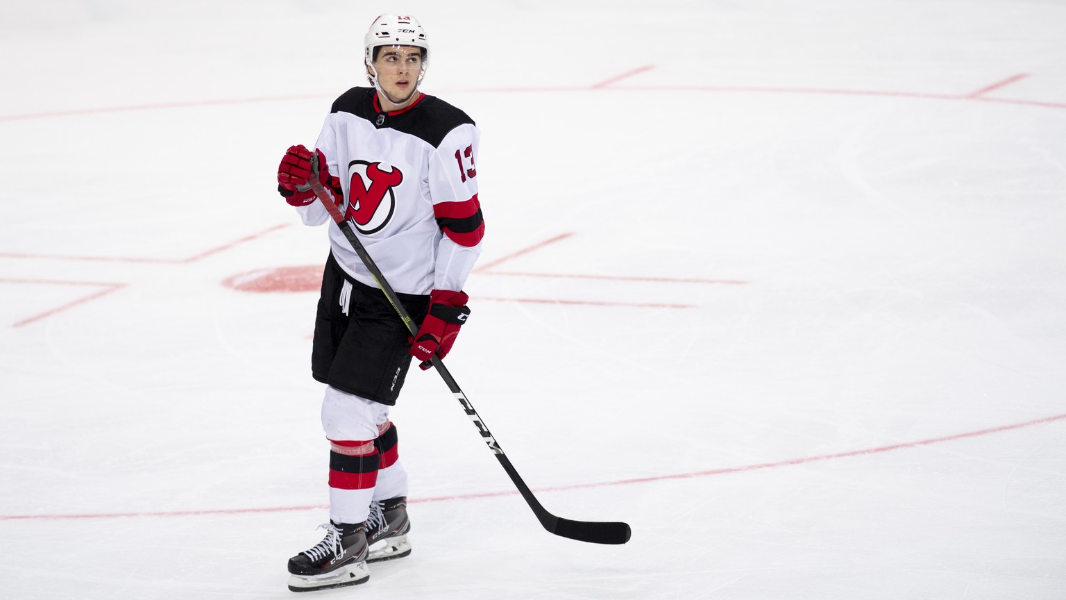 New Jersey Devils Nico Hischier, pictured during a NHL friendly game between Switzerland&#039;s SC Bern and New Jersey Devils, this Monday, October 1, 2018, at the Postfinance Arena in Bern, Switzerla ...