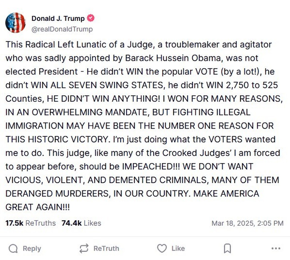 Trumps Post auf Truth Social, März 2025
https://truthsocial.com/@realDonaldTrump/posts/114183576937425149