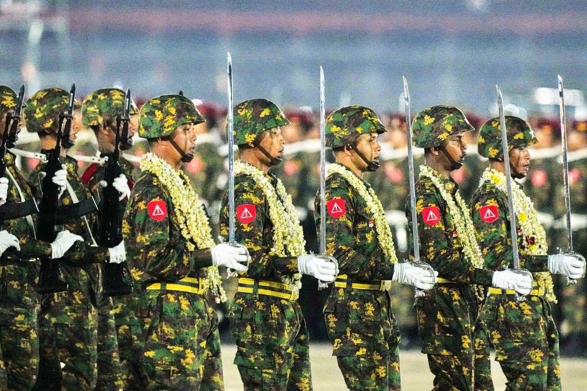 Military officers march during a parade to commemorate Myanmar's 81st Armed Forces Day, in Naypyitaw, Myanmar, Friday, March 27, 2026. (AP Photo/Aung Shine Oo)
Myanmar Armed Force Day