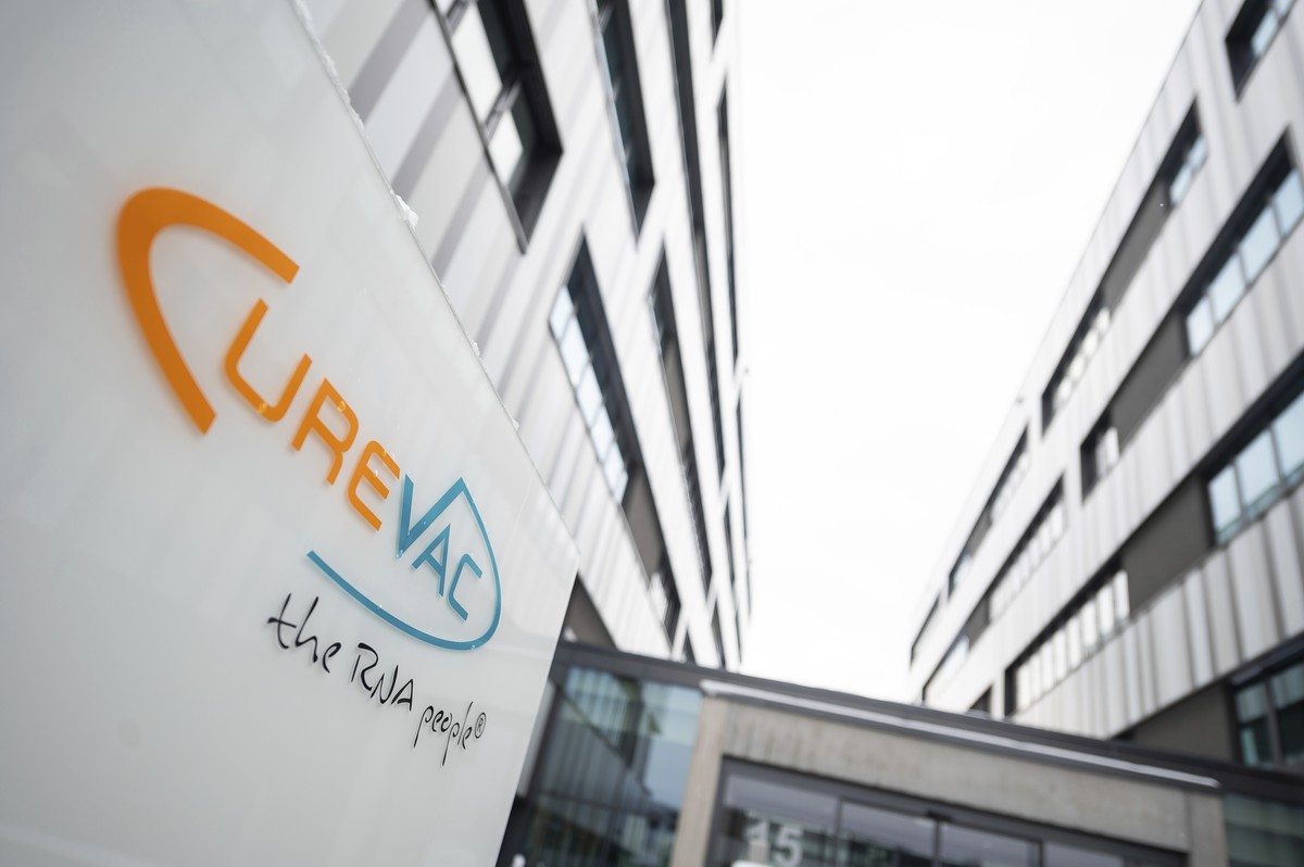 The logo of the biotech company Curevac with the slogan "the RNA people" is displayed at the company headquarters in Tuebingen, Germany, Thursday, Jan. 7, 2021. Through the cooperation with  ...