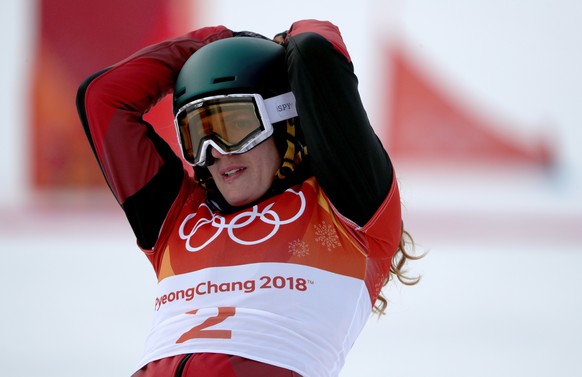 epa06559194 Patrizia Kummer of Switzerland reacts after her run in the elimination round of the Women&#039;s Snowboard Parallel Giant Slalom competition at the Bokwang Phoenix Park during the PyeongCh ...