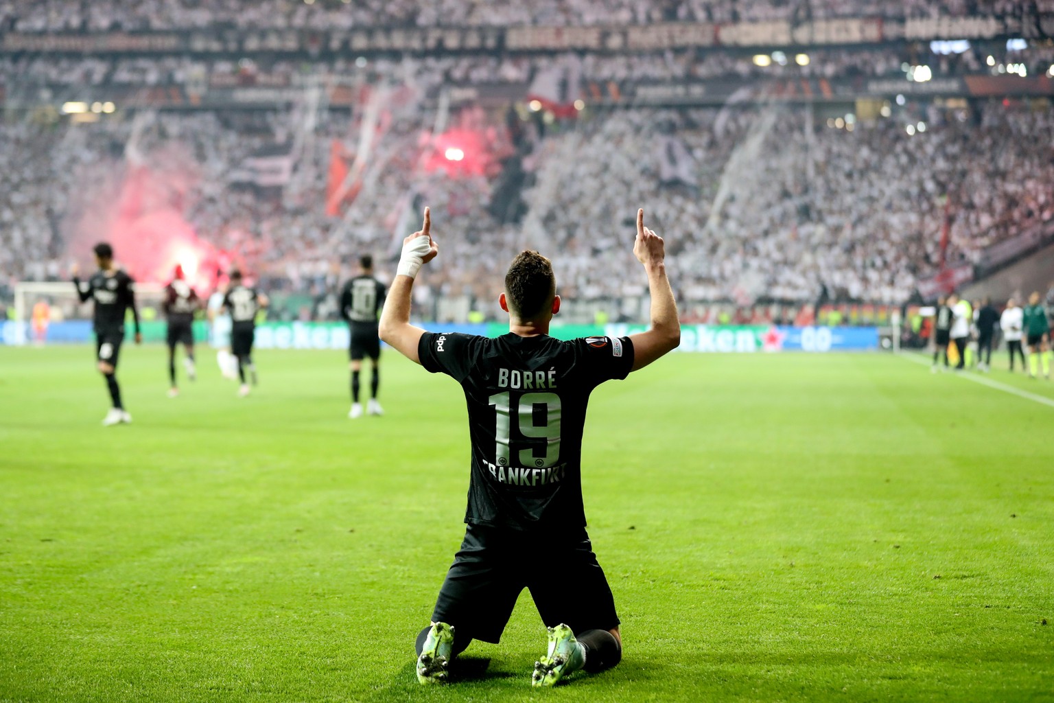 epa09928996 Rafael Santos Borre of Frankfurt celebrates after scoring the 1-0 goal during the UEFA Europa League semi final, second leg soccer match between Eintracht Frankfurt and West Ham United in  ...