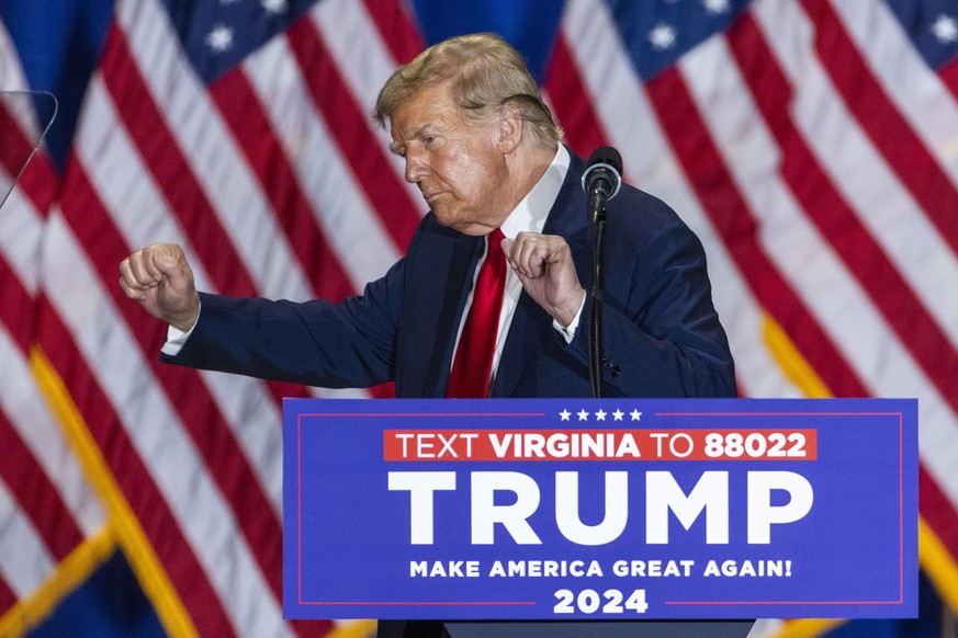 epa11195596 Former US President Donald Trump speaks to supporters during a Super Tuesday campaign rally in Richmond, Virginia, USA, 02 March 2024. Trump is running against Former South Carolina Govern ...