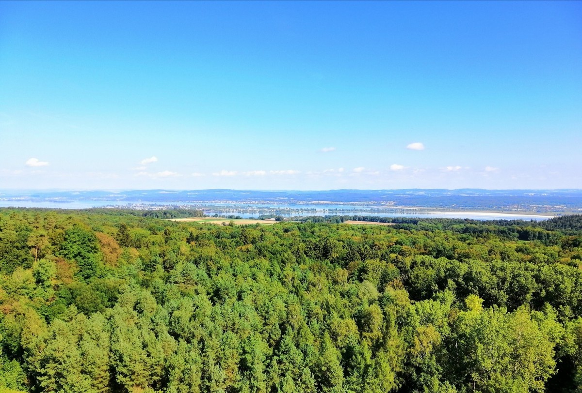 La vue fantastique depuis la tour Napoléon sur la campagne, le lac et les Alpes.