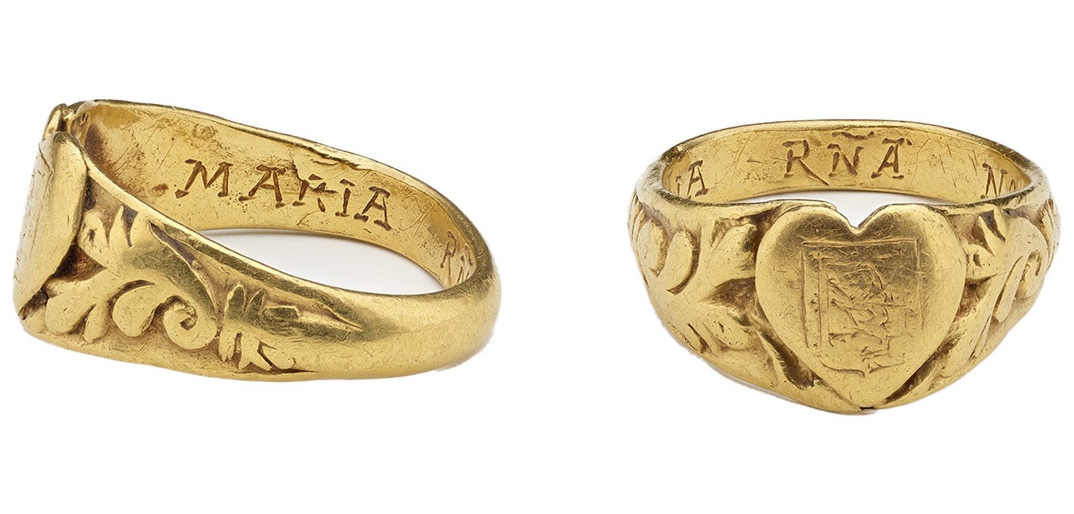 Fingerring mit Herz, Wappen und Inschrift, um 1560-1580.