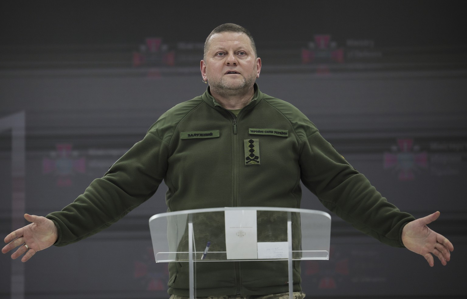 epaselect epa11044724 Valerii Zaluzhnyi, Commander-in-Chief of the Armed Forces of Ukraine, addresses a press conference in Kiev, Ukraine, December 26, 2023 amid the Russian invasion.  Zaluzhnyi spoke...