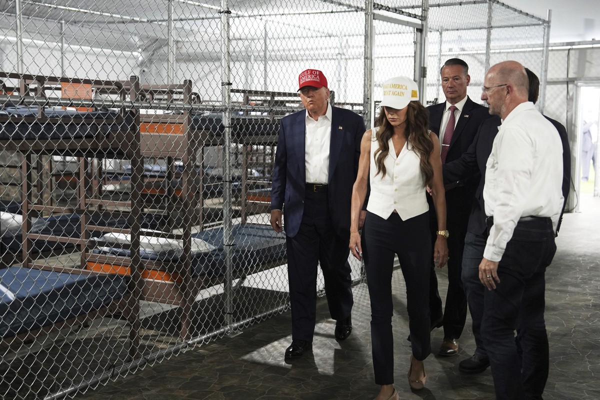 President Donald Trump, Gov. Ron DeSantis, R-Fla., and Homeland Security Secretary Kristi Noem, and others, tour "Alligator Alcatraz," a new migrant detention facility at Dade-Collier Traini ...