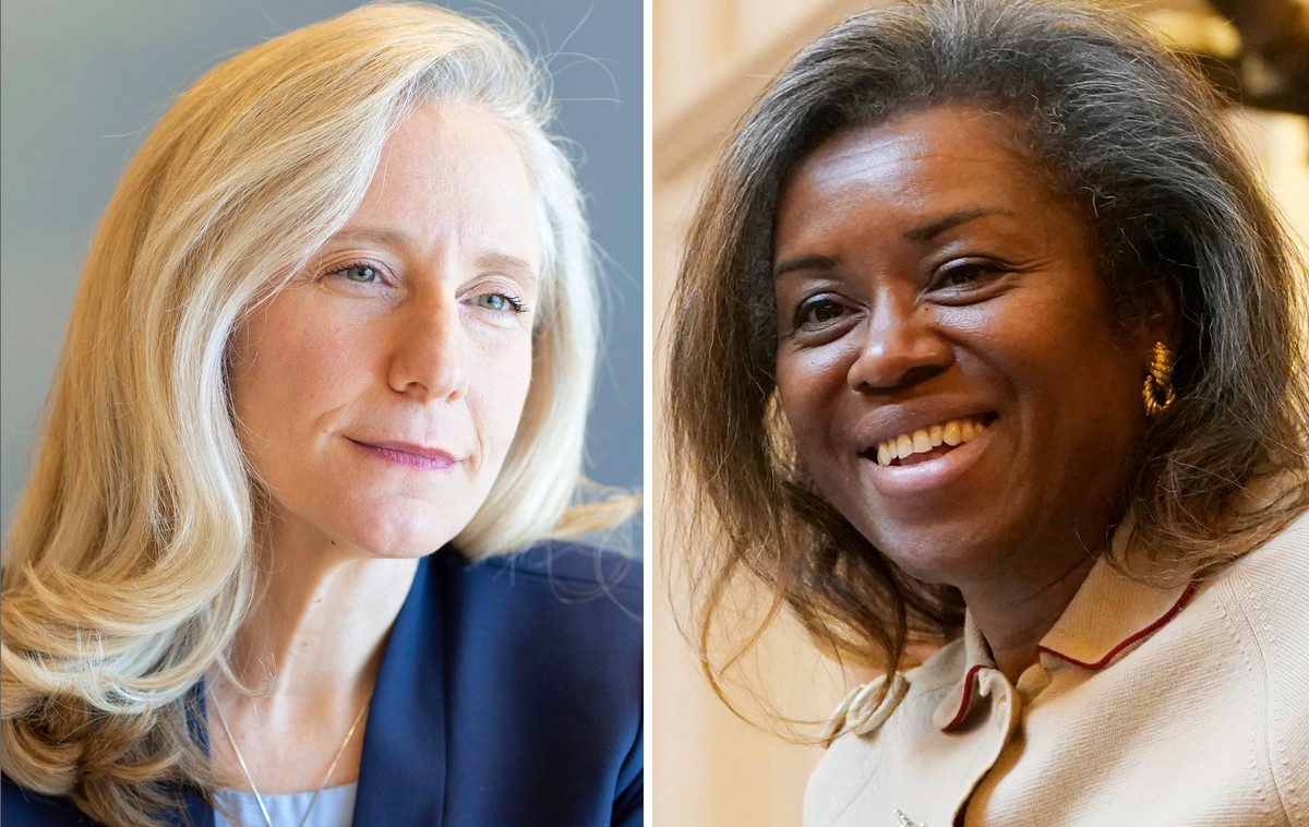 This combination photo of candidates for the Virginia governor's election shows Democrat Abigail Spanberger in Henrico County, Va., Nov. 25, 2024, left, and Republican Winsome Earle-Sears in Rich ...