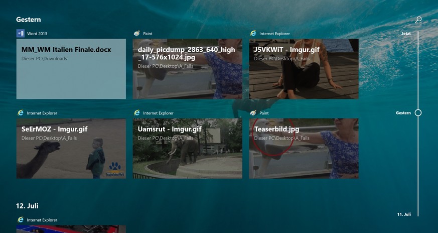 Windows-10-Nutzer können durch die Timeline scrollen und die Suchfunktion nutzen (Lupe oben rechts), um früher betrachtete Webseiten oder ältere Dokumentversionen wieder zu finden.&nbsp; &nbsp;