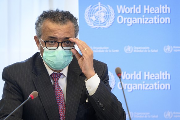 FILE - In this Monday, May 24, 2021 file photo, Tedros Adhanom Ghebreyesus, Director General of the World Health Organization (WHO), speaks during a bilateral meeting with Swiss Interior and Health Mi ...