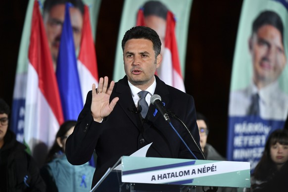 Opposition leader Peter Marki-Zay addresses supporters during an election night rally in Budapest, Hungary, Sunday, April 3, 2022. Early partial results in Hungary&#039;s national election are showing ...