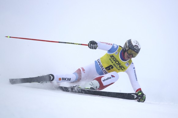 Switzerland&#039;s Wendy Holdener speeds down the course during an alpine ski, women&#039;s World Cup giant slalom in Courchevel, France, Saturday, Dec. 12, 2020. (AP Photo/Marco Trovati)