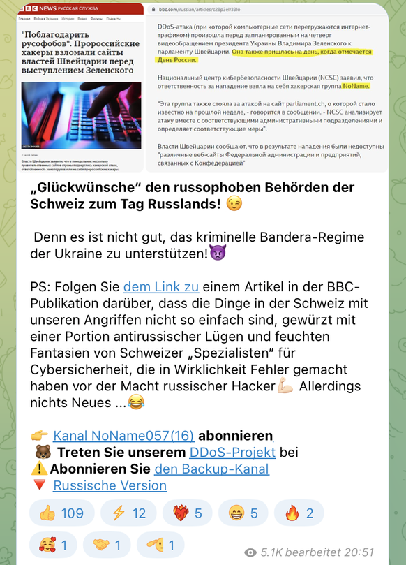 Ein aus dem Russischen übersetztes Telegram-Posting, das auf einen Bericht der britischen BBC verweist.