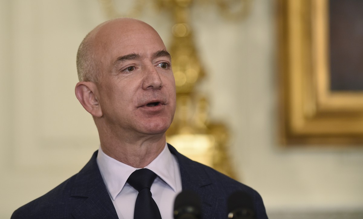 FILE - Jeff Bezos, the founder and CEO of Amazon.com, speaks in the State Dining Room of the White House in Washington, May 5, 2016. Former president Barack Obama