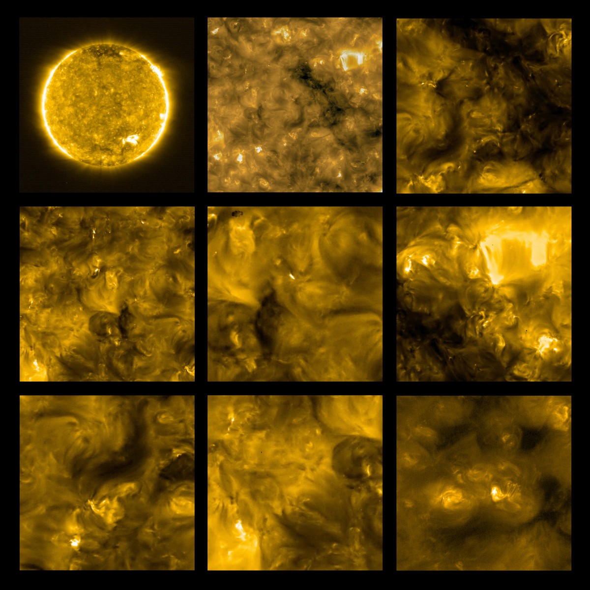 epa08549526 A handout composite picture of several images made 30 May 2020 and made available 16 July 2020 by the European Space Agency, ESA, showing Solar Orbiter's first view of the Sun. The So ...