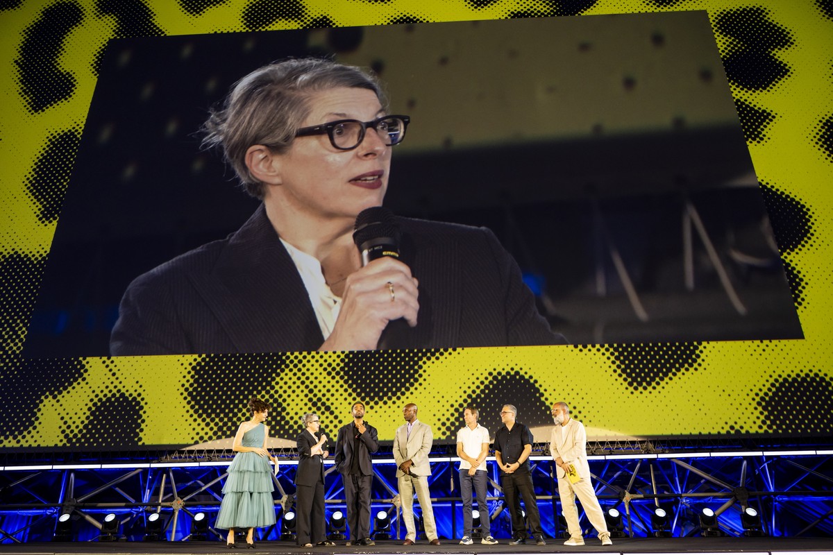 epa13160269 Swiss film director Petra Volpe speaks before the screening of the film 'Frank &amp; Louis' at the 79th Locarno Film Festival in Locarno, Switzerland, 10 August 2026. EPA/JEAN-CH ...