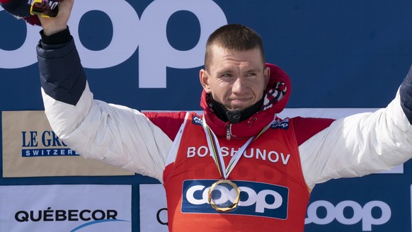 Alexander Bolshunov, of Russia, holds the crystal globe for the distance title Sunday, March 24, 2019, at the cross country World Cup in Quebec City. (Jacques Boissinot/The Canadian Press via AP)