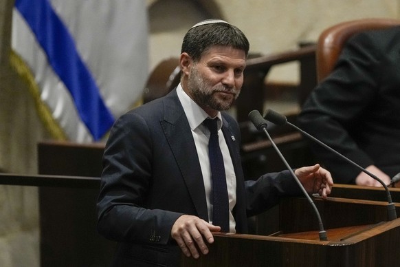 Finance Minister Bezalel Smotrich speaks at the Knesset, Israel&#039;s parliament, in Jerusalem, Monday, July 10, 2023. (AP Photo/Maya Alleruzzo)
Bezalel Smotrich