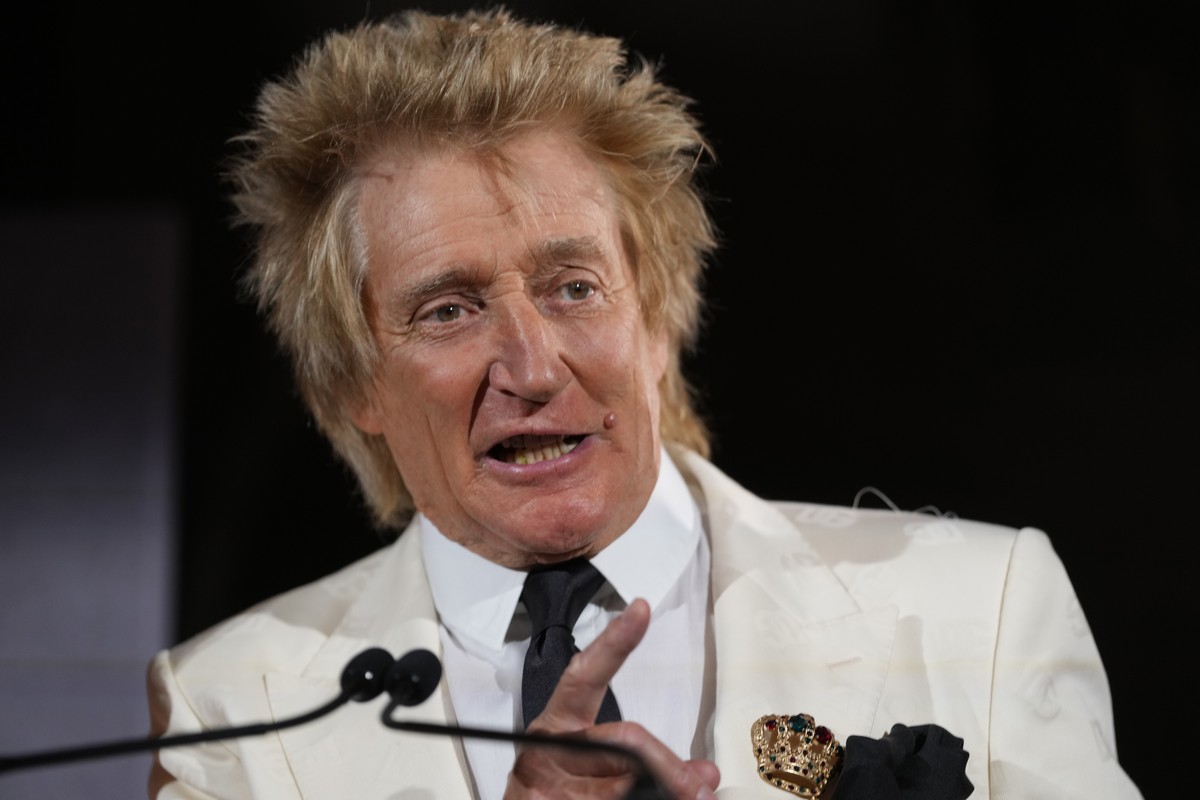 British pop icon Rod Stewart speaks as he presents the Teaching award at King Charles III's inaugural King's Foundation charity awards at St James's Palace in London, Tuesday, June 11,  ...