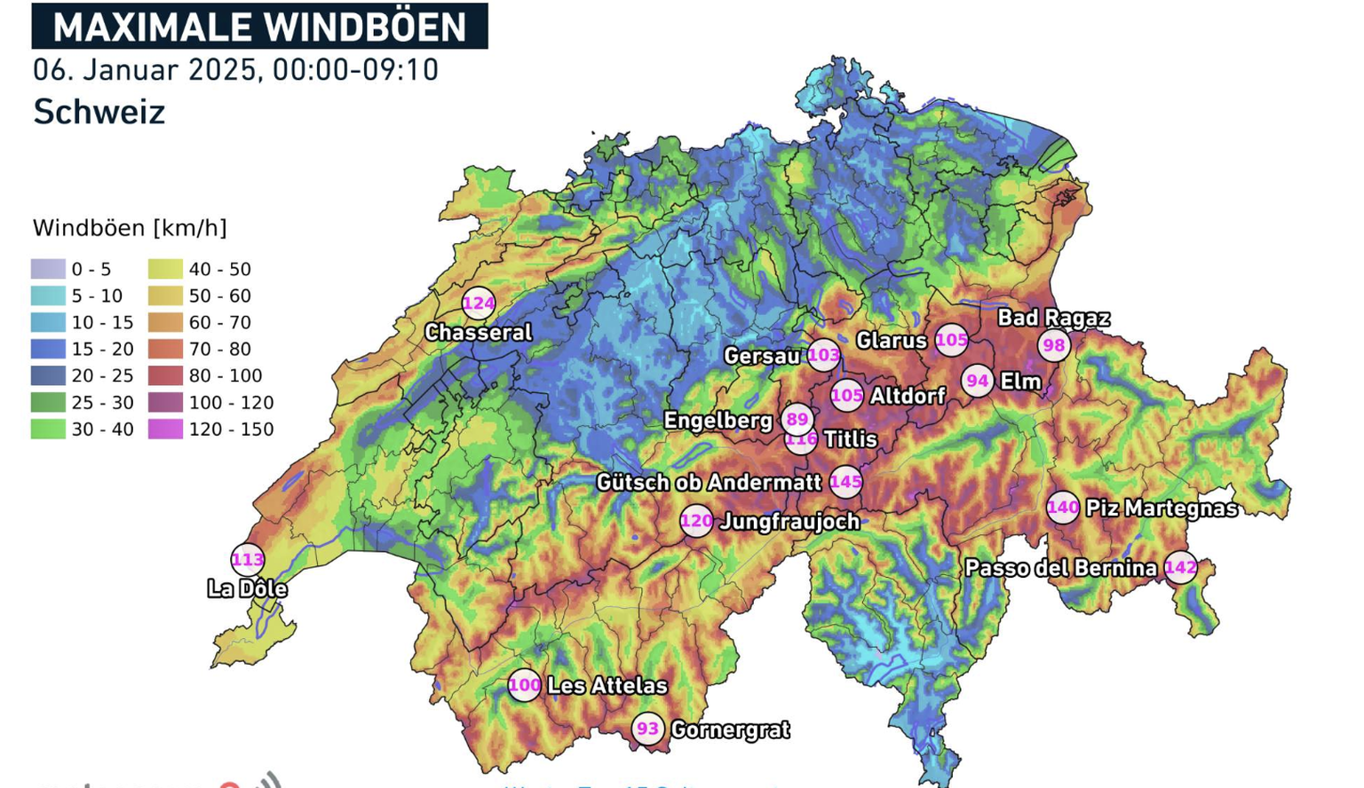 Die maximalen Windböen in der Schweiz in der Nacht auf Montag.