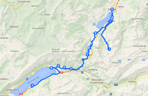 Die ungefähre Strecke der heutigen Etappe von Iseltwald zur Älggialp, dem Mittelpunkt der Schweiz.<br data-editable="remove">
