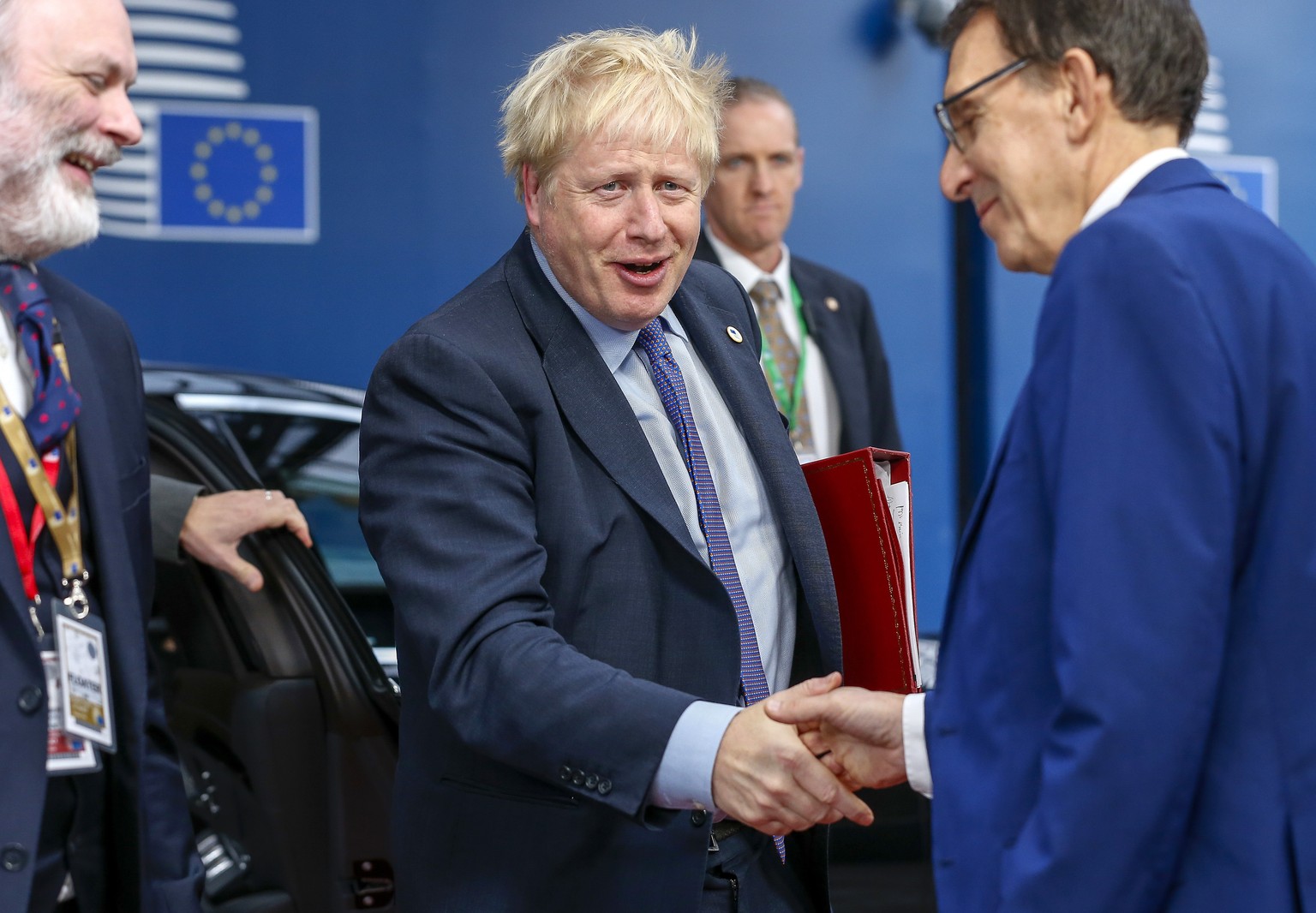 British Prime Minister Boris Johnson arrives for an EU summit in Brussels, Thursday, Oct. 17, 2019. Britain and the European Union reached a new tentative Brexit deal on Thursday, hoping to finally es ...