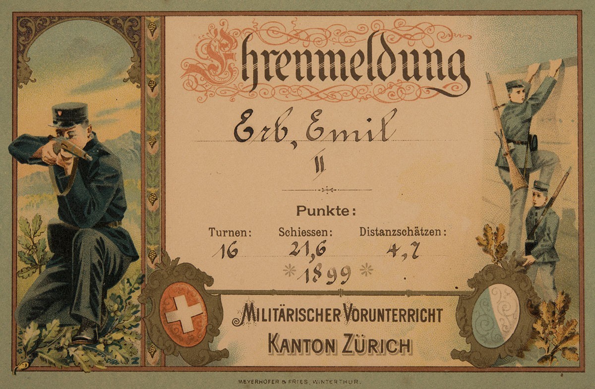 Im Kanton Zürich existierte der militärische Vorunterricht. Ehrenmeldung von 1899.
https://permalink.nationalmuseum.ch/100342993