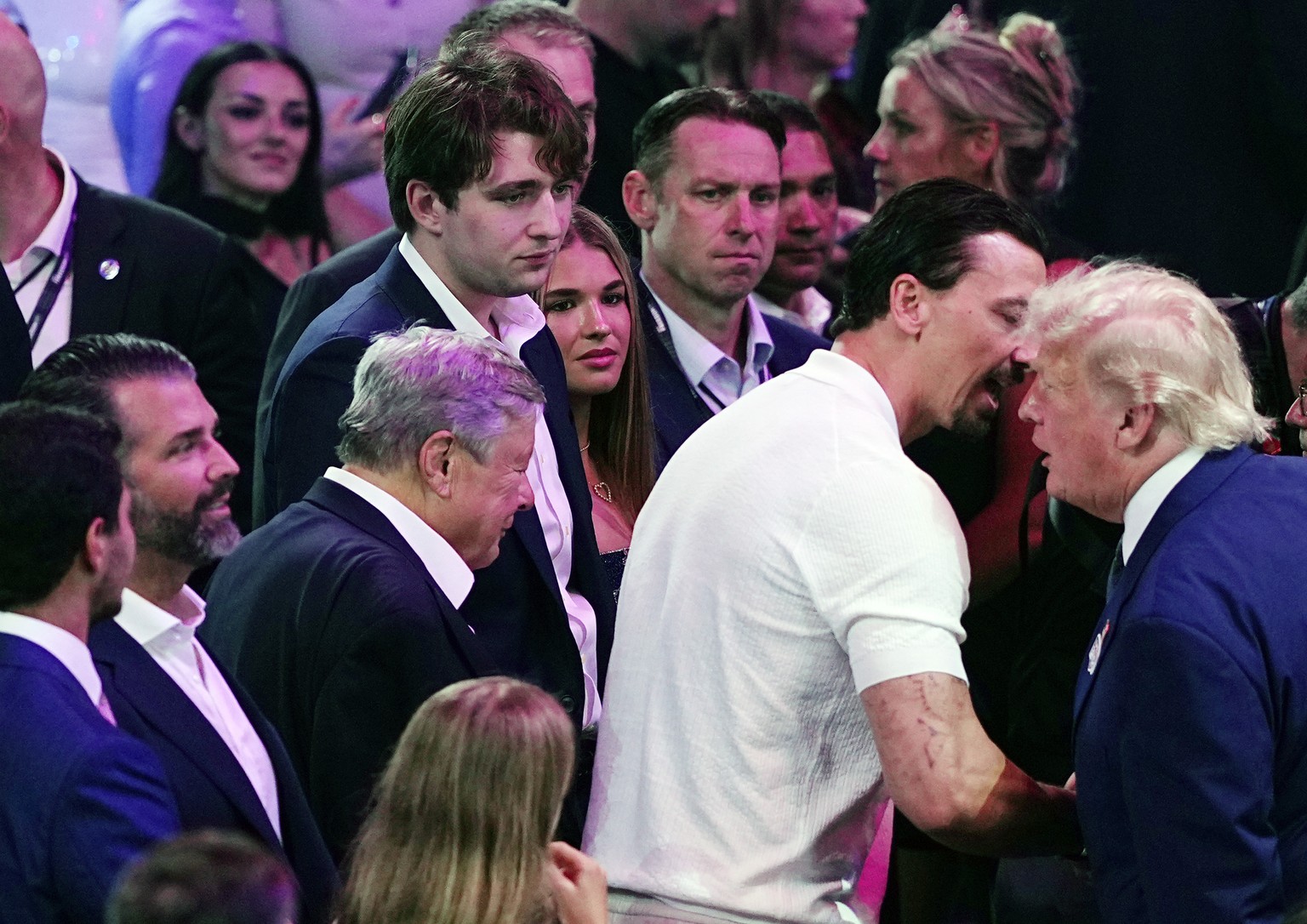 epa13037922 Barron Trump (C-L), son of President Donald Trump, attends the Freedom 250 UFC fight card on the South Lawn of the White House in Washington, DC, USA, 14 June 2026. The mixed martial arts  ...
