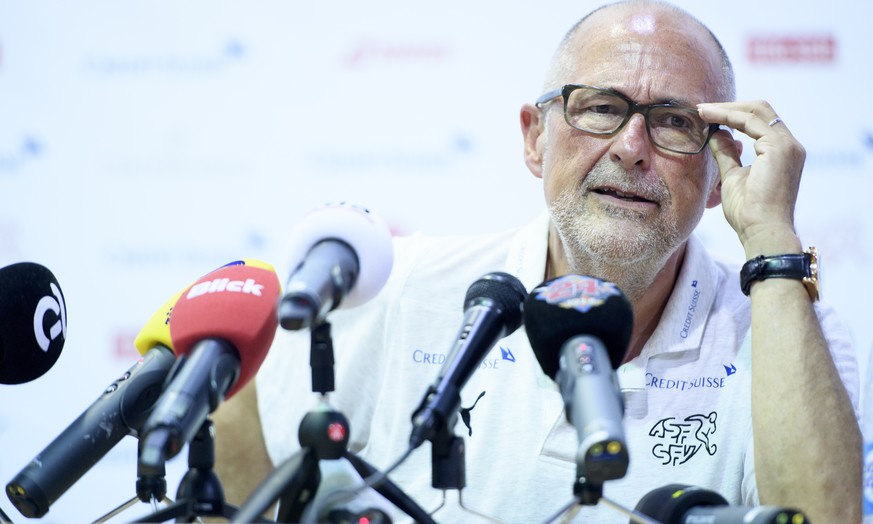 Peter Gillieron, President of the Swiss Football Association, SFV, speaks during press conference of the Switzerland&#039;s national soccer team at the Torpedo Stadium, in Togliatti, Russia, Wednesday ...