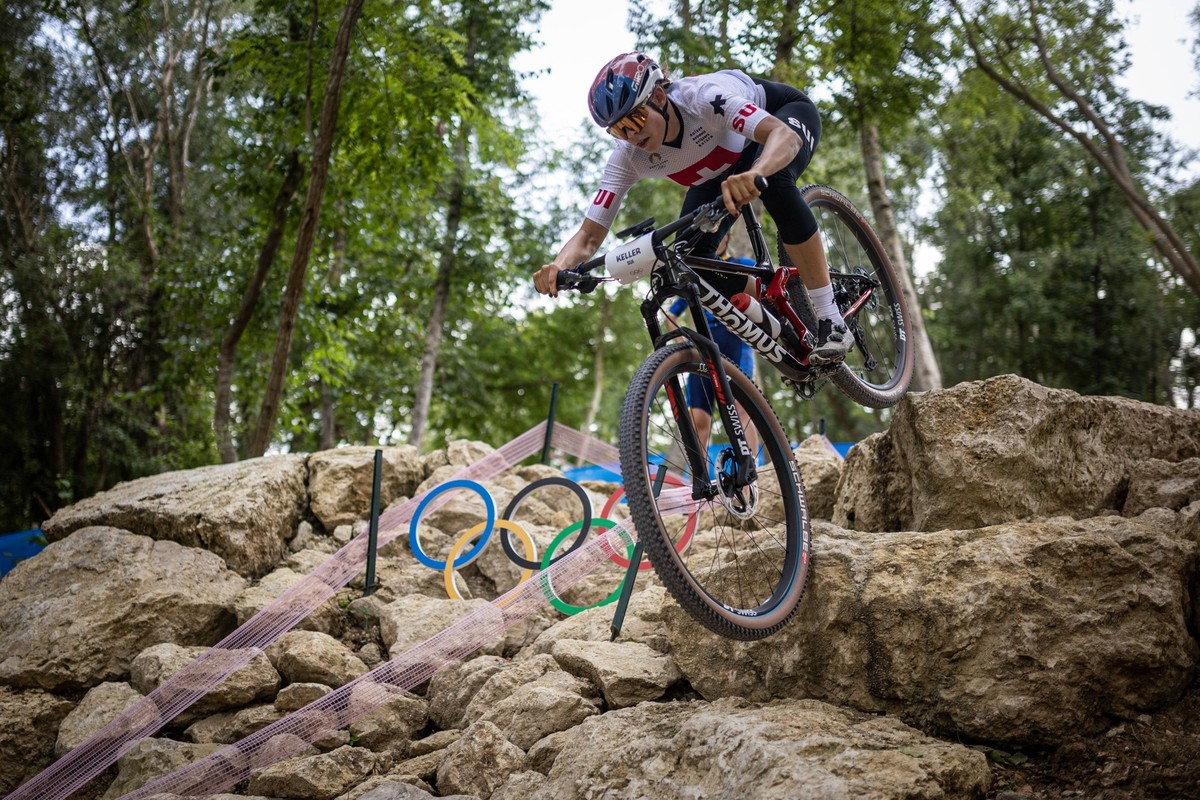 Swiss biker Alessandra Keller during her first training session on Olympic course for mountain bike cross-country race on July 24, 2024. The race will be held in Enlacourt on July 28, 2024. CTKxPhoto/ ...