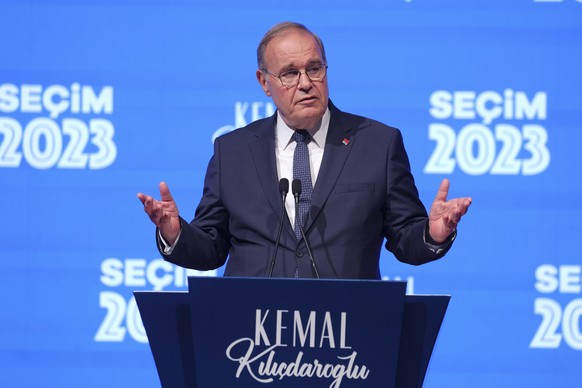 Faik Oztrak, Deputy leader of the center-left, pro-secular Republican People's Party, or CHP, makes statements in Ankara, Turkey, Sunday, May 14, 2023. Turkey and much of the world waited Sunday ...
