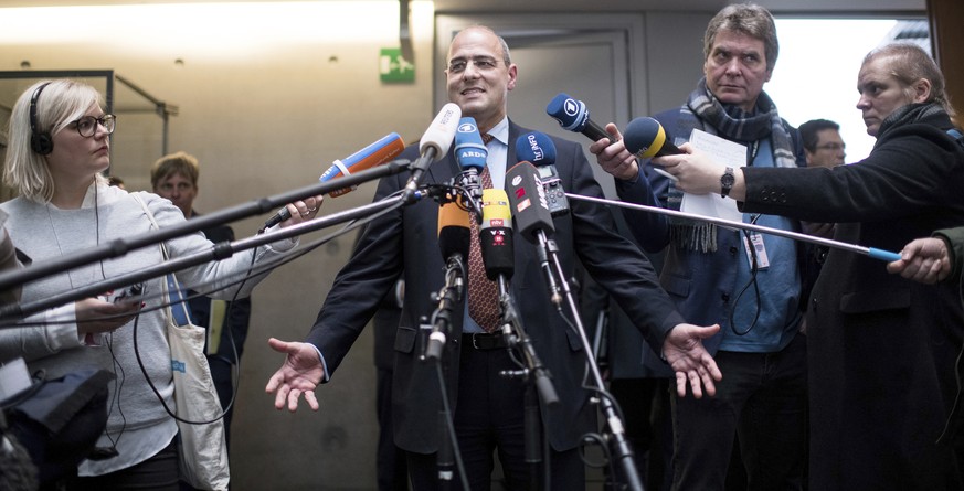 Alternative for Germany party, AfD, politician Peter Boehringer talks to media at the German Bundestag in Berlin, Wednesday, Jan. 31, 2018. The nationalist Alternative for Germany party’s candidate ha ...