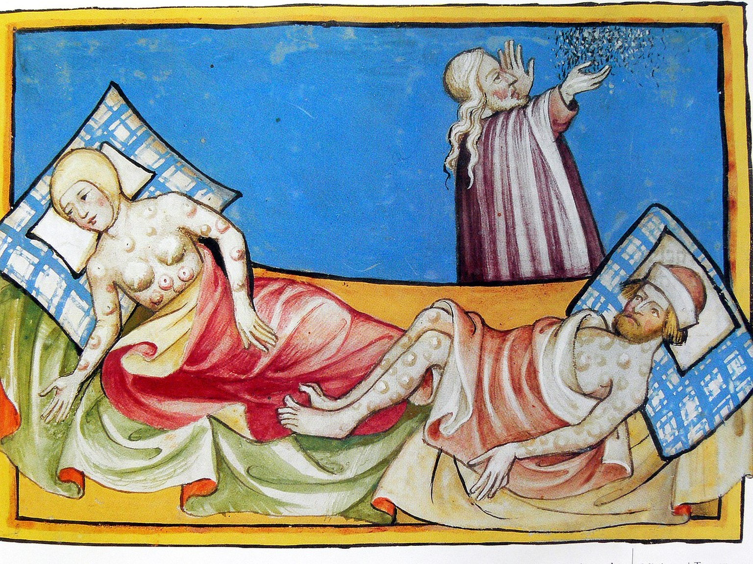 Miniatur aus der Toggenburg-Bibel (Schweiz) von 1411.
The image depicts Moses in the background with two people suffering from the Biblical plague of boils described in Exodus 9:8-9. 
https://commons. ...