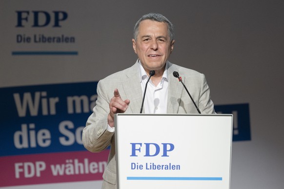 Bundesrat Ignazio Cassis bei seiner Rede anlaesslich der Delegiertenversammlung der FDP Schweiz vom Samstag, 28. Juni 2025 in Hergiswil im Kanton Nidwalden. (KEYSTONE/Urs Flueeler).