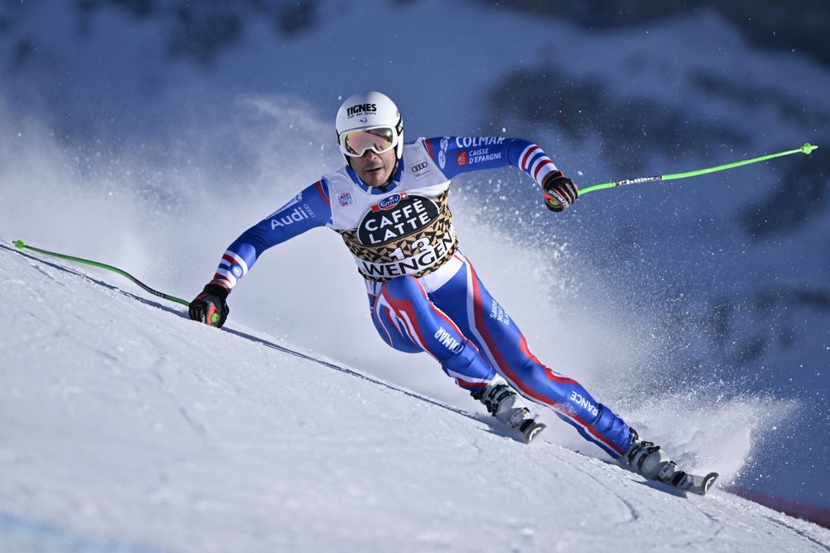 Johan Clarey of France in action during the men's downhill race at the Alpine Skiing FIS Ski World Cup in Wengen, Switzerland, Saturday, January 15, 2022. (KEYSTONE/Jean-Christophe Bott)